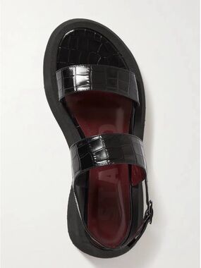 STAUD Black Croc-Embossed Double-Strap Slide Sandal